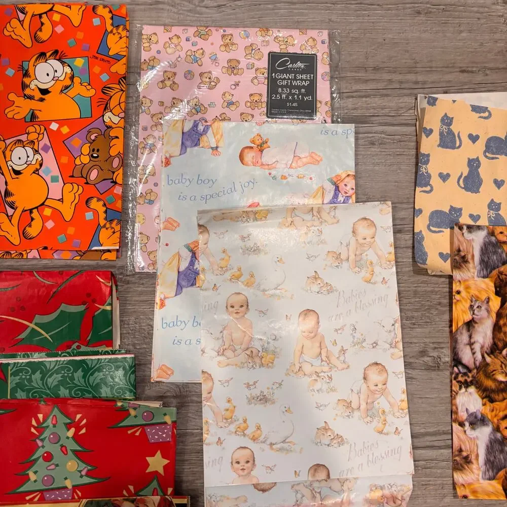 Vtg 80s Gift Wrap Wrapping Paper Gift Bags Ribbon Christmas Baby Shower Garfield